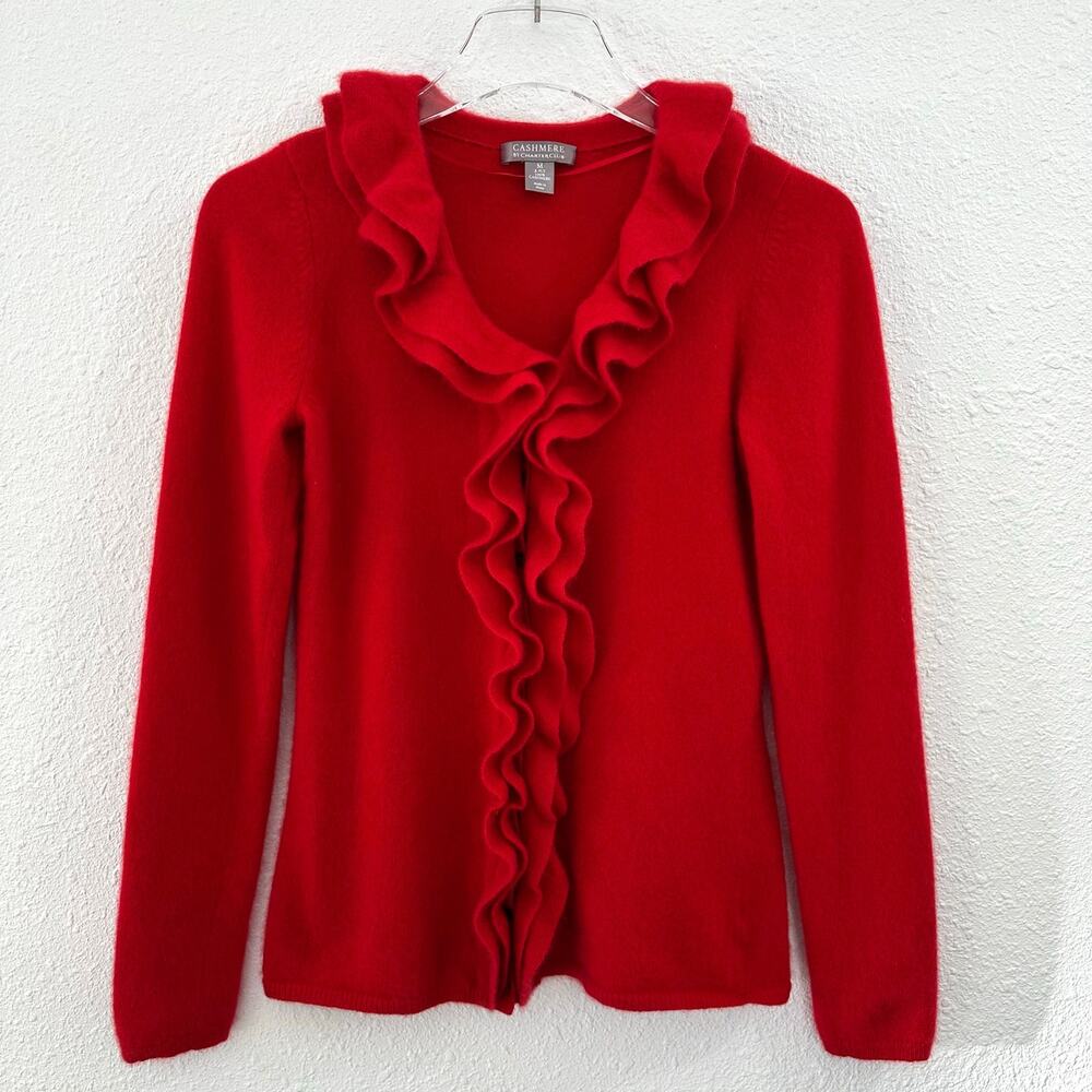 Cashmere by Charter Club Ruffle Button Front Sweater Women Medium Red Preppy‎